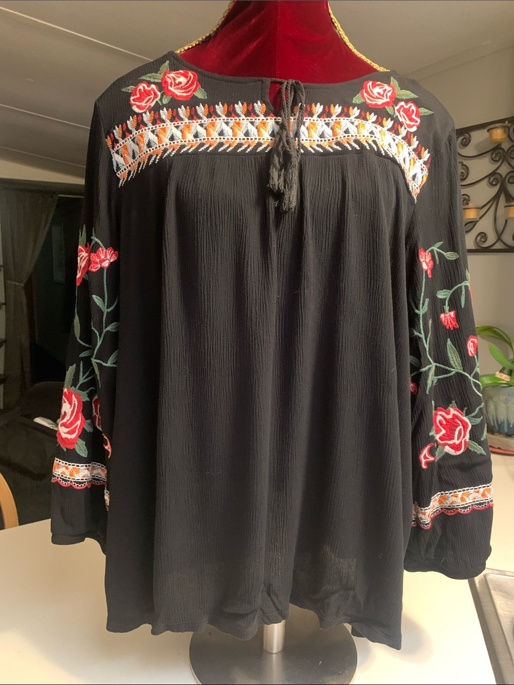 Black Floral Embroidered Peasant Top - Boho Long Sleeve